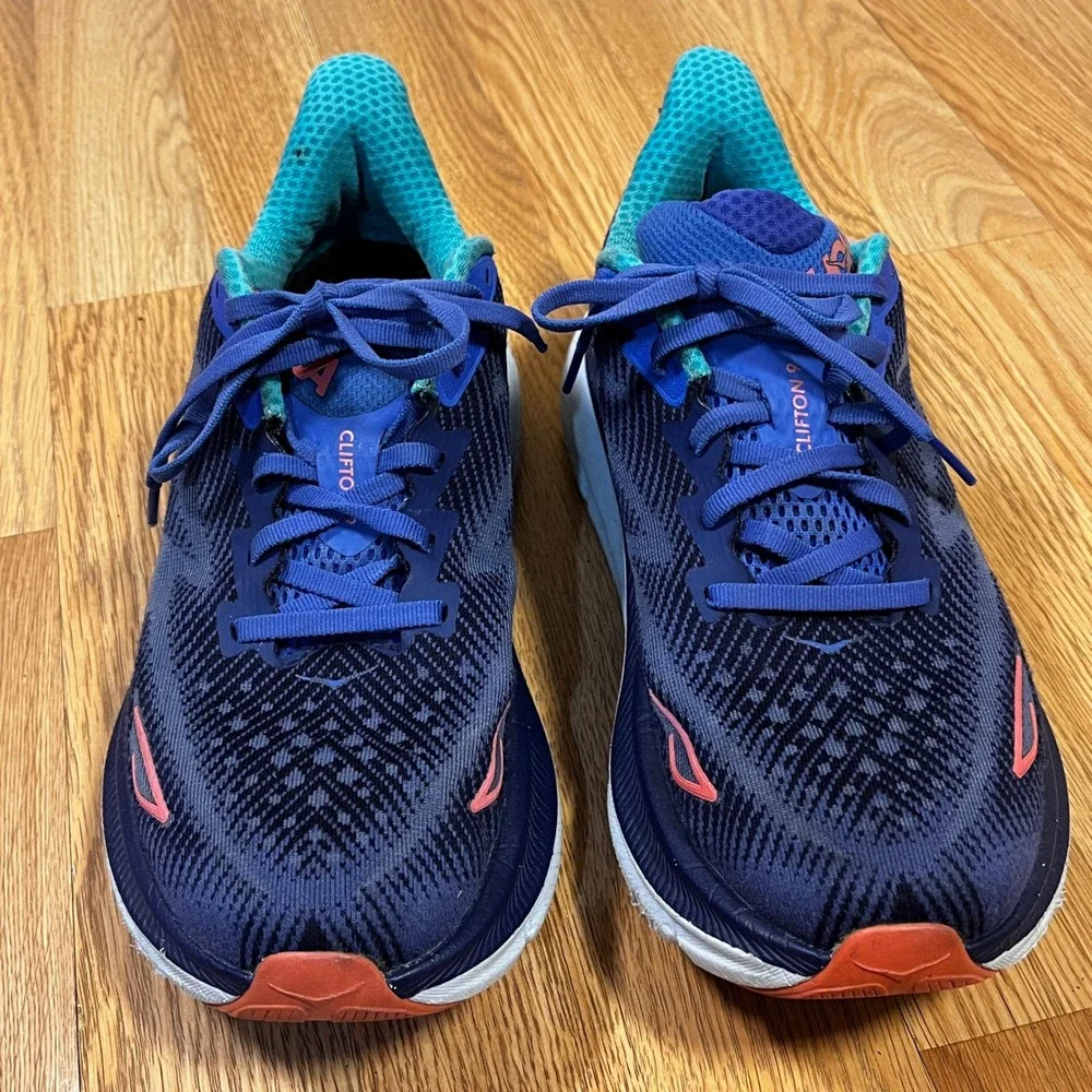 Hoka Clifton 9 Womens Road Running Sneaker Shoes 8.5 Navy Blue Teal Coral